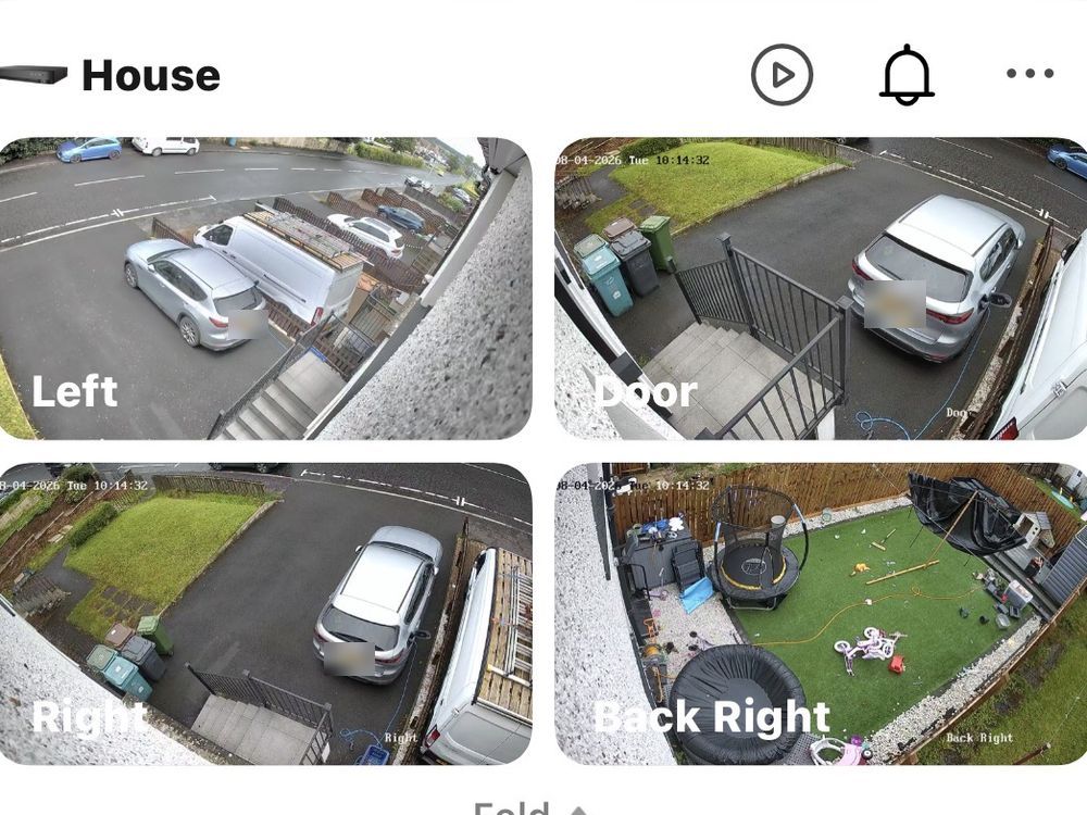 CCTV app showing live views from a four-camera home system