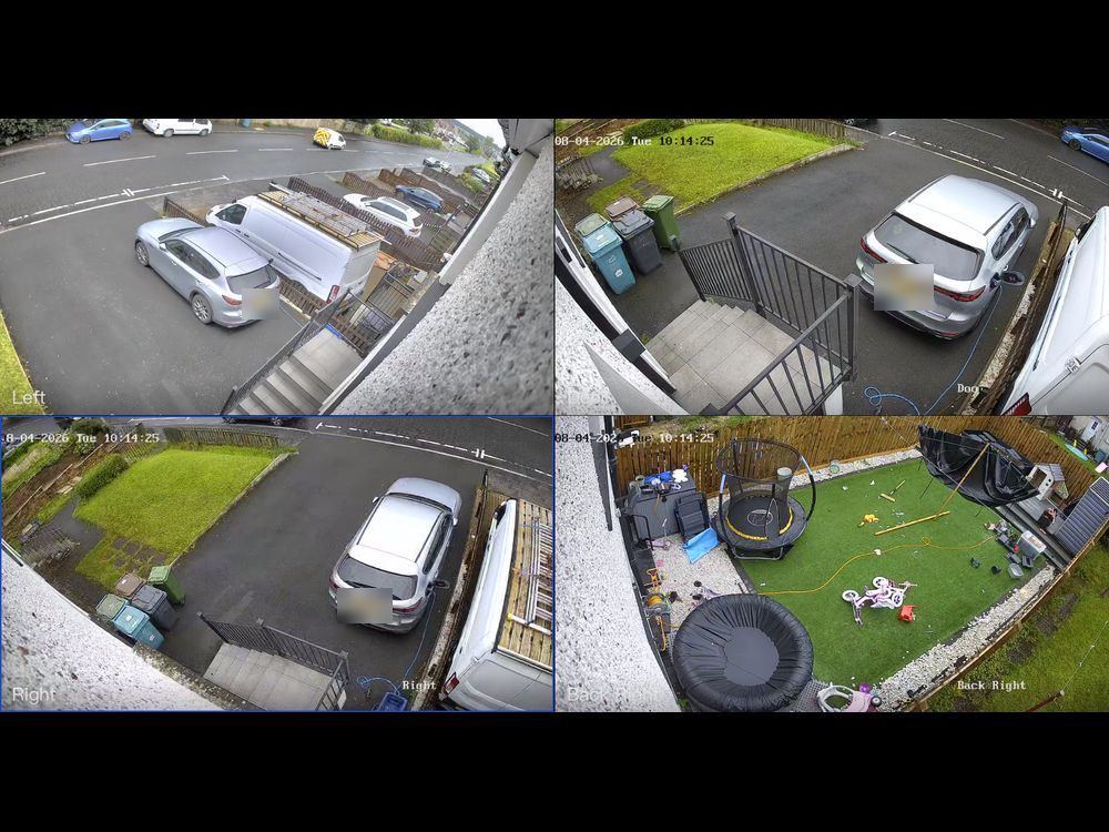 Four-camera CCTV live view covering the driveway, door and back garden